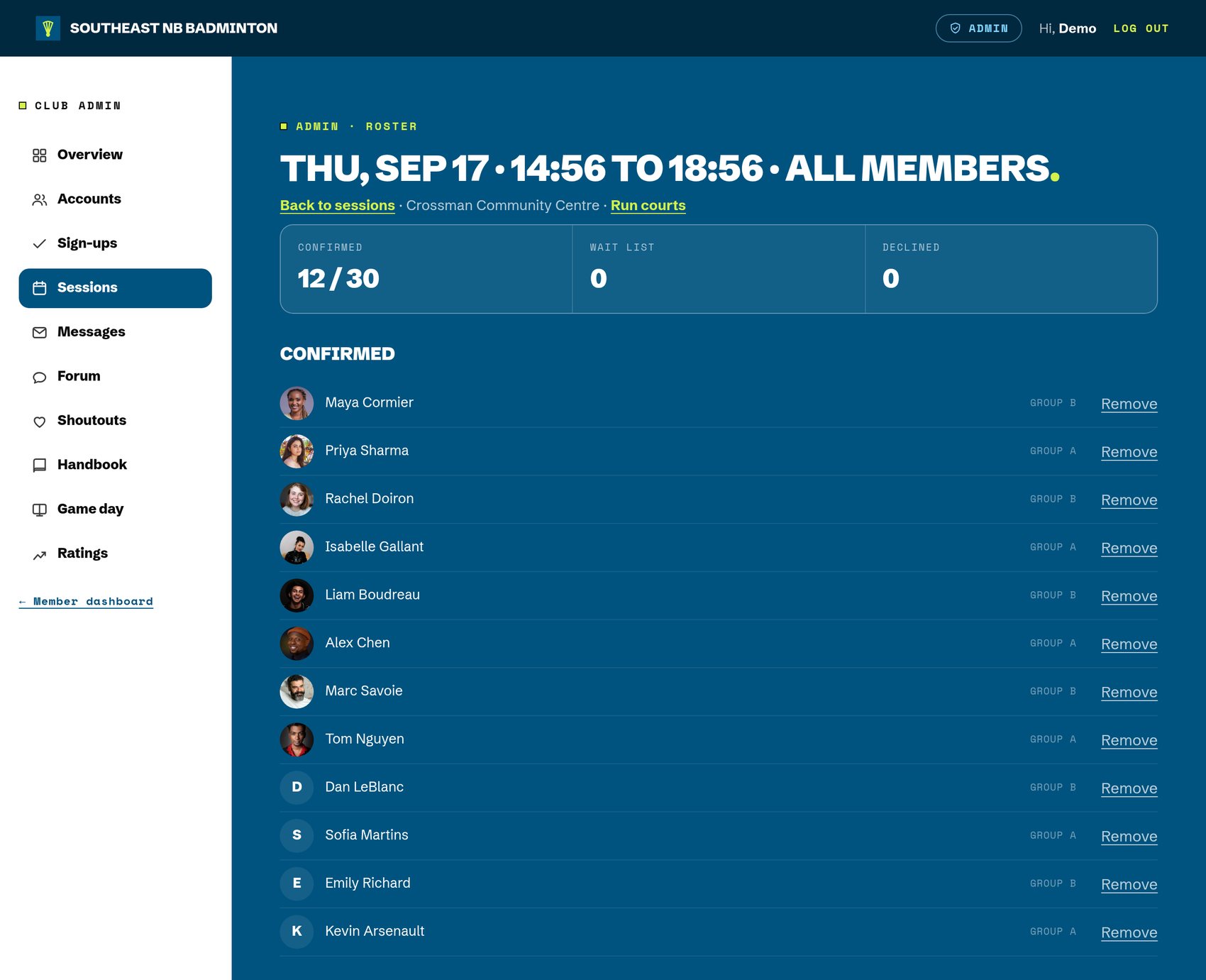 The admin roster for one session: confirmed players, wait list, and the club admin menu.