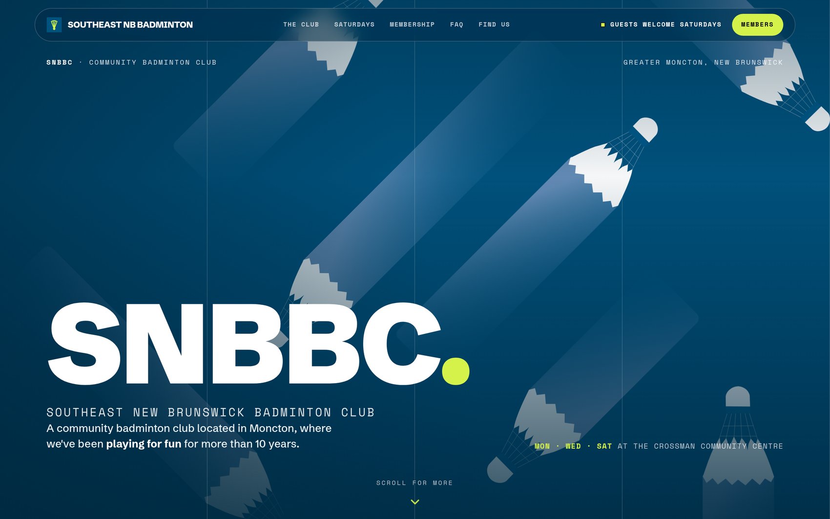 The club's public homepage: a large SNBBC wordmark over a deep blue background with flying shuttlecocks.