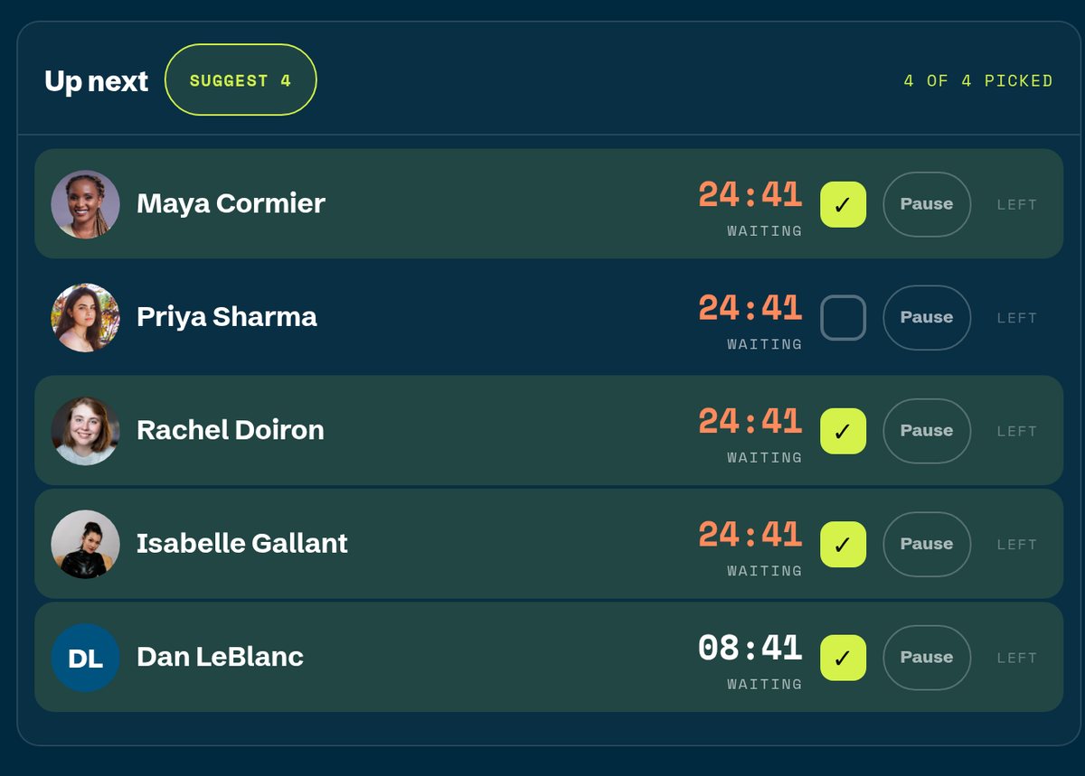 The waiting list with four players ticked by Suggest 4.